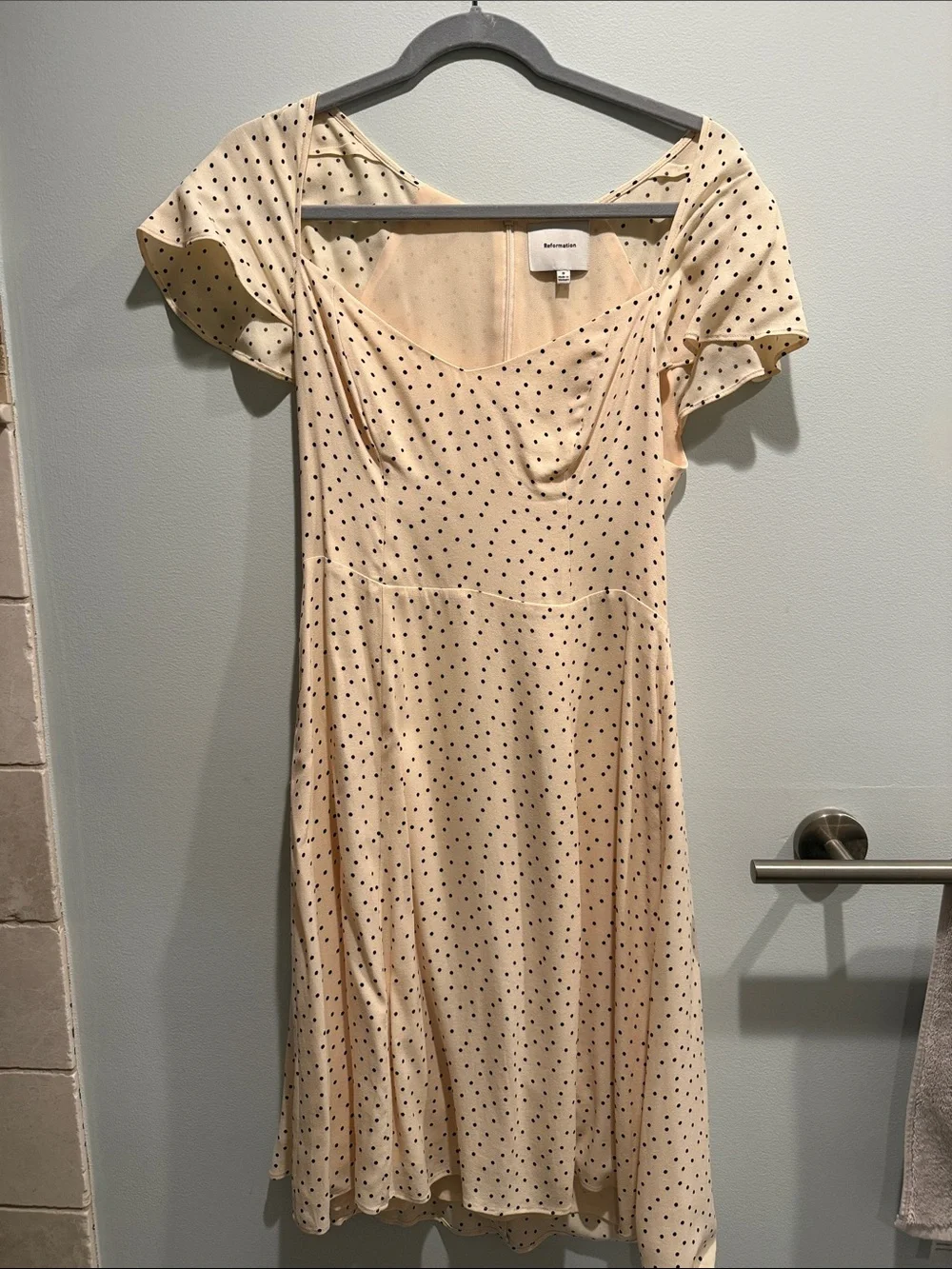 Reformation light pink midi Dress with Black Polka Dots